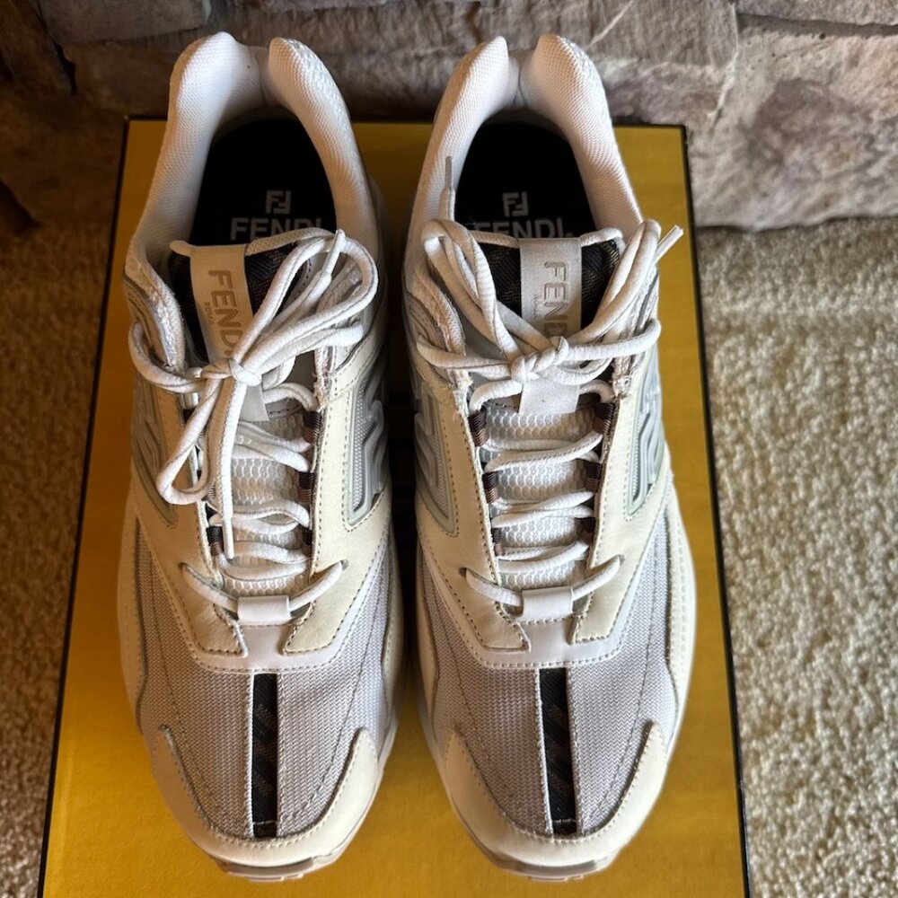 New Fendi White Faster Runner FF Embossed Detailed Low-Top Sneakers Men's Size 7